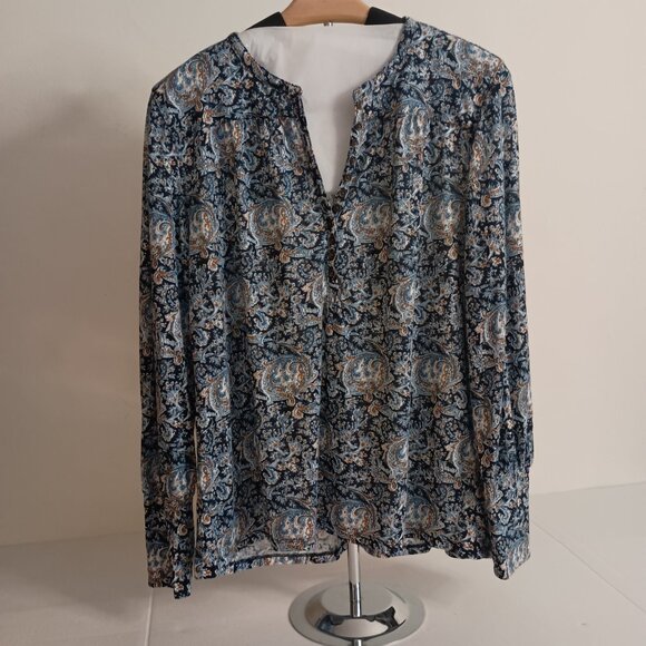 Lucky Brand Women’s Blue Printed V-Neck Jersey Top Button Front Size Large - Picture 16 of 16